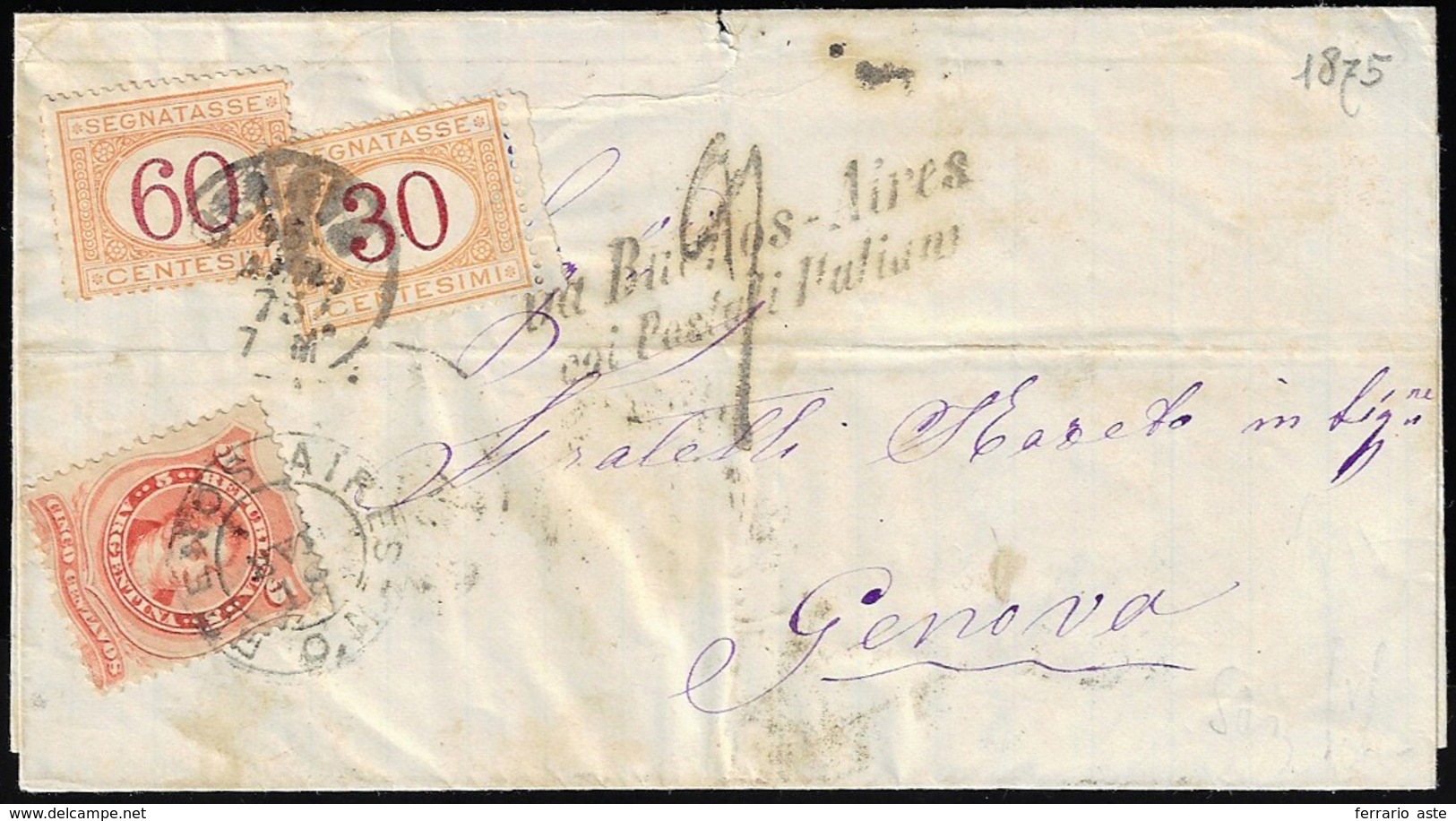 ARGENTINA 1875 - 5 Cent. Rivadavia (18), Su Sovracoperta Di Lettera Da Buenos Aires 31/3/1875 Per Ge... - Autres & Non Classés
