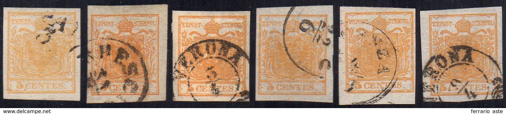 LOMBARDO VENETO 1850 - 5 Cent., Sei Esemplari Di Colori Differenti (1,1h,1g), Usati, Perfetti. Quatt... - Otros & Sin Clasificación