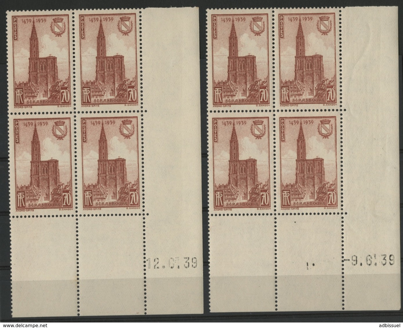 N° 443 (x8) Cote 20 €. Deux Coins Datés Différents Du 9 Et 12/6/39 / Blocs De Quatre "Cathédrale De Strasbourg". - 1930-1939