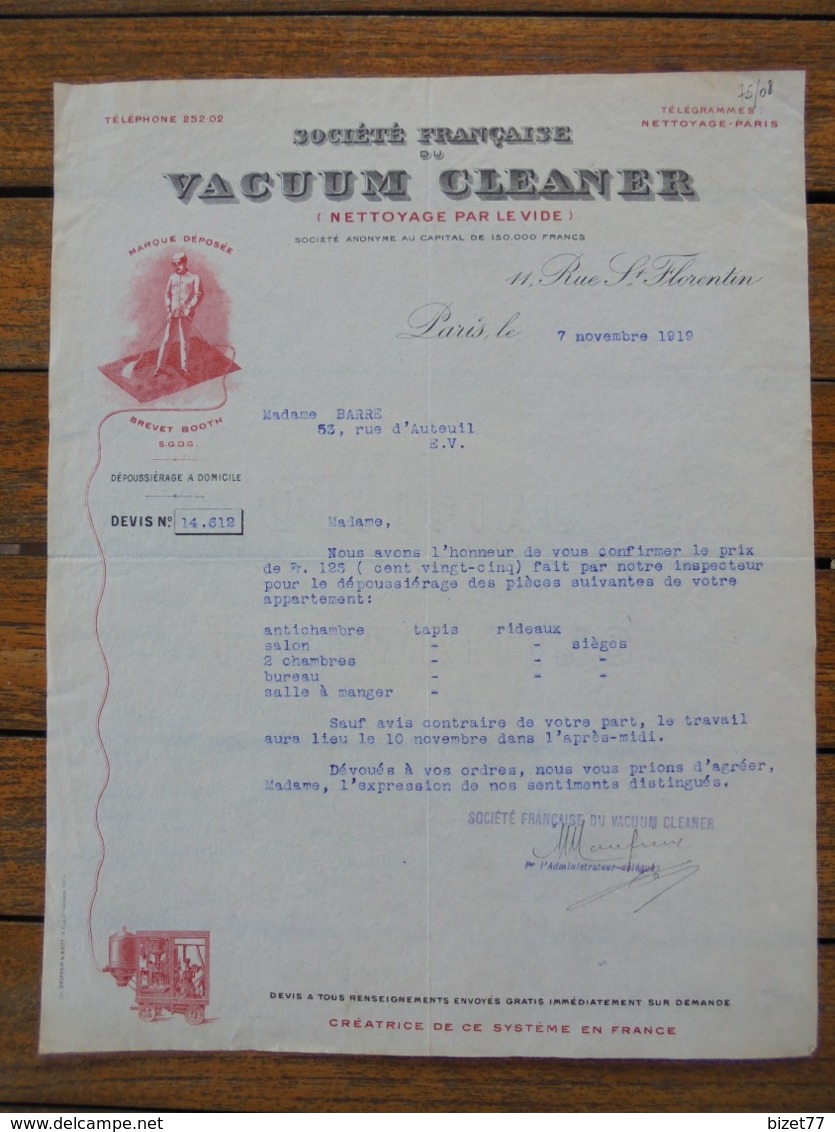 FACTURE - PARIS 8ème, 1919 - STE FRANCAISE DU VACUUM CLEANER - DECO - Altri & Non Classificati