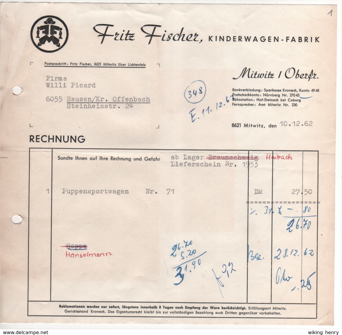 Mitwitz In Oberfranken - Rechnung Kinderwagenfabrik Fritz Fischer - 1950 - ...
