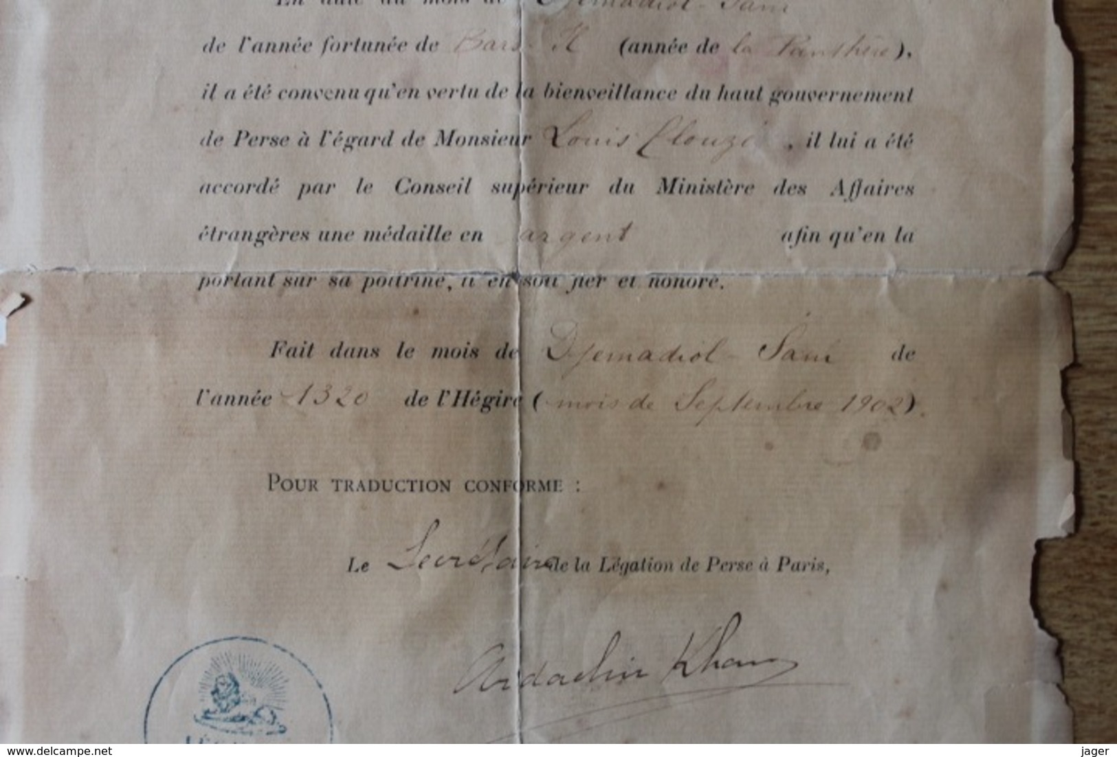 Diplôme 1902  Decoration  Du Lion Et  Du Soleil De Perse  Pour Un Dragon Cavalerie - Diplômes & Bulletins Scolaires