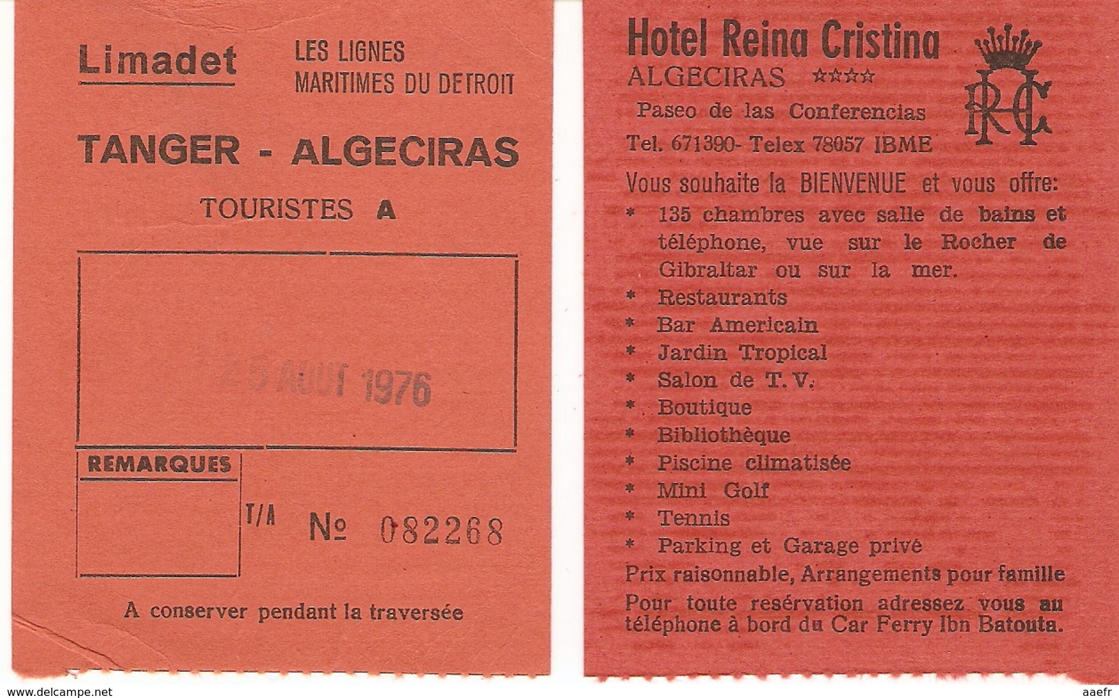 Ticket Bateau 1976 - Limadet, Les Lignes Du Détroit - Boarding Card , Tanger, Maroc à Algeciras, Espagne - Monde