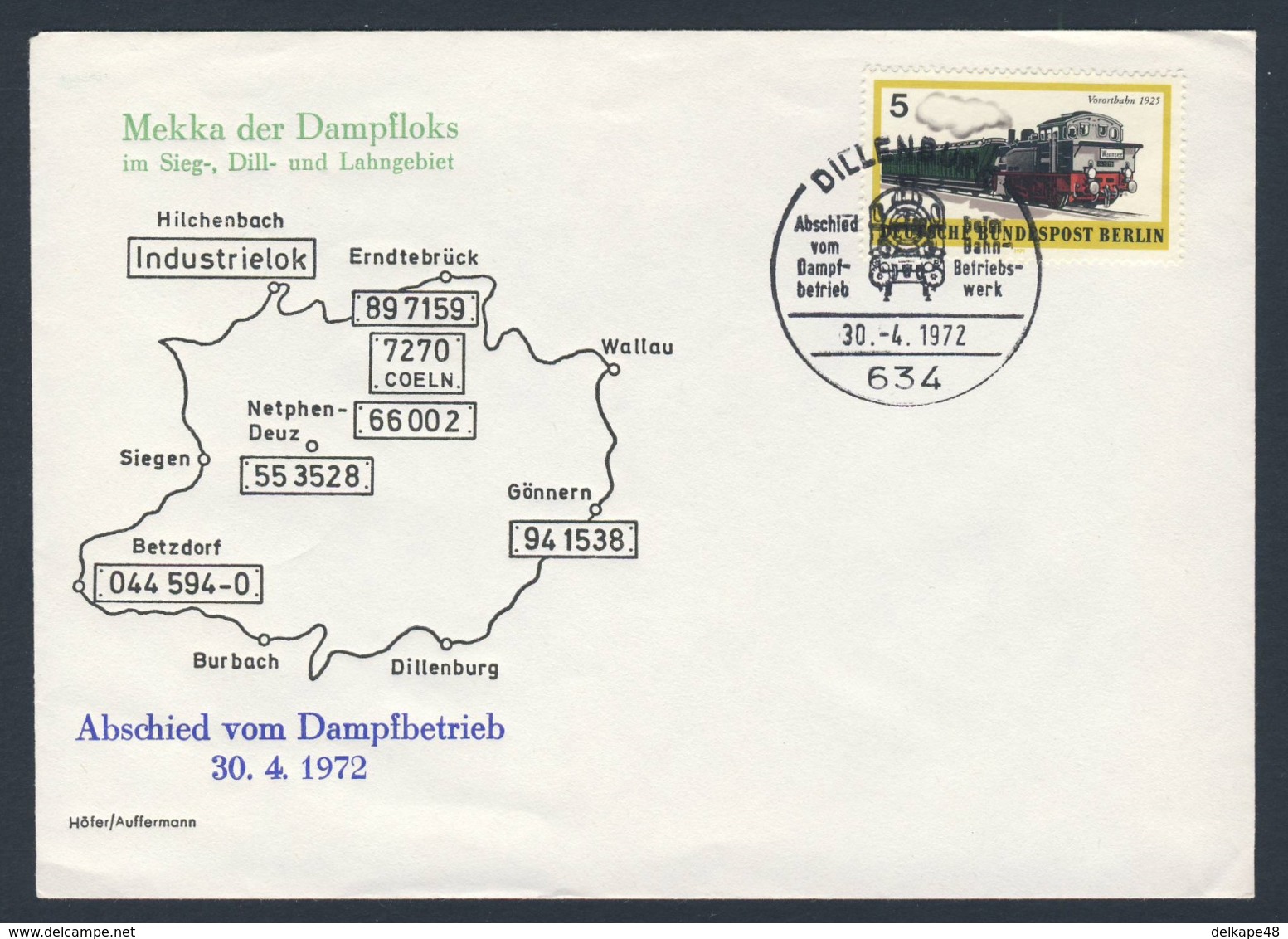 Deutschland Germany 1972 Cover / Brief / Enveloppe - Abschied Vom Dampfbetrieb - Sieg + Dill + Lahngebiet (1972) - Treinen