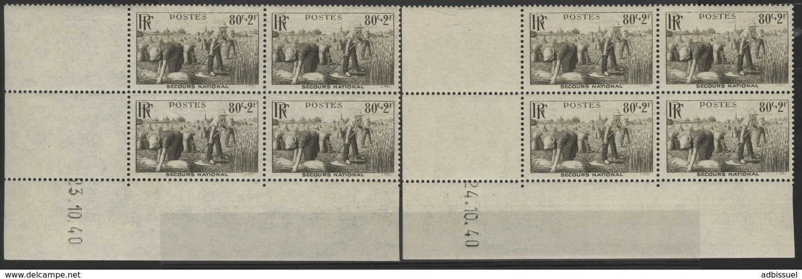 N° 466 (x8) ** (MNH). Cote 46 €. Deux Coins Datés Différents Du 23 Et 24/10/40 / Blocs De Quatre "Moisson". - 1940-1949