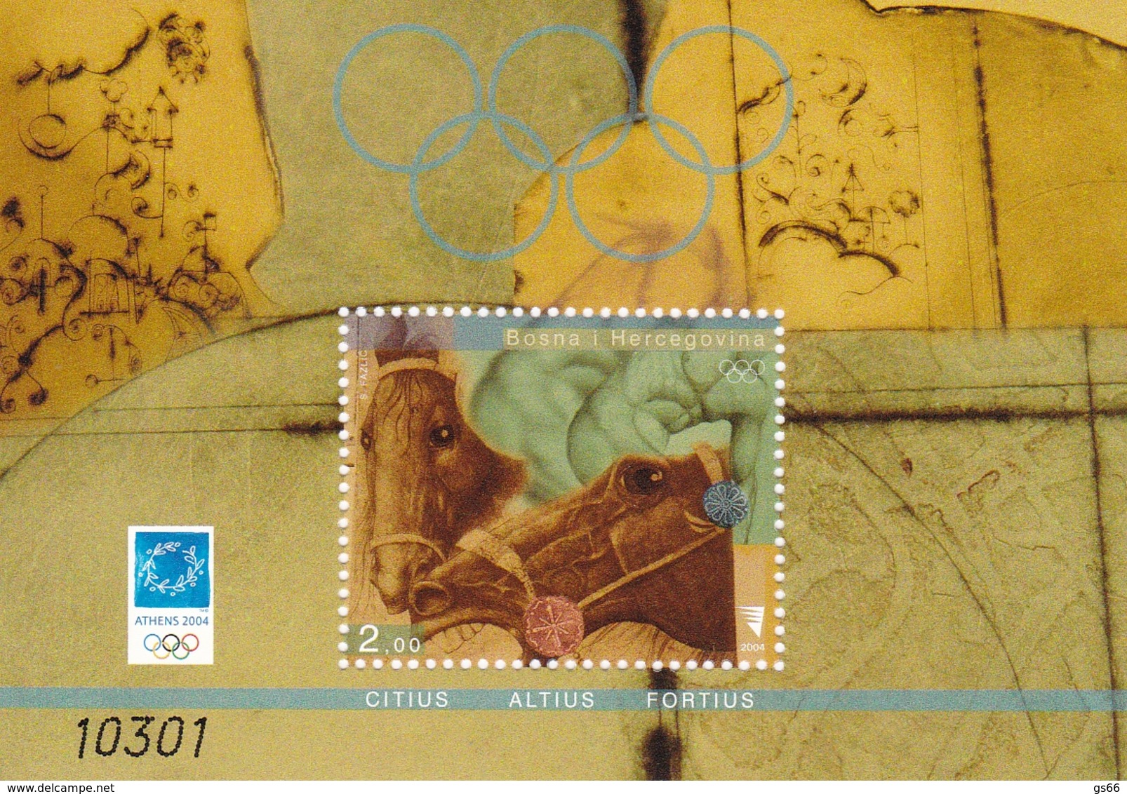 2004, Bosnien U. Herzegowina, 368 Block 24, MNH **,  Olympische Sommerspiele, Athen. Pferde - Bosnien-Herzegowina