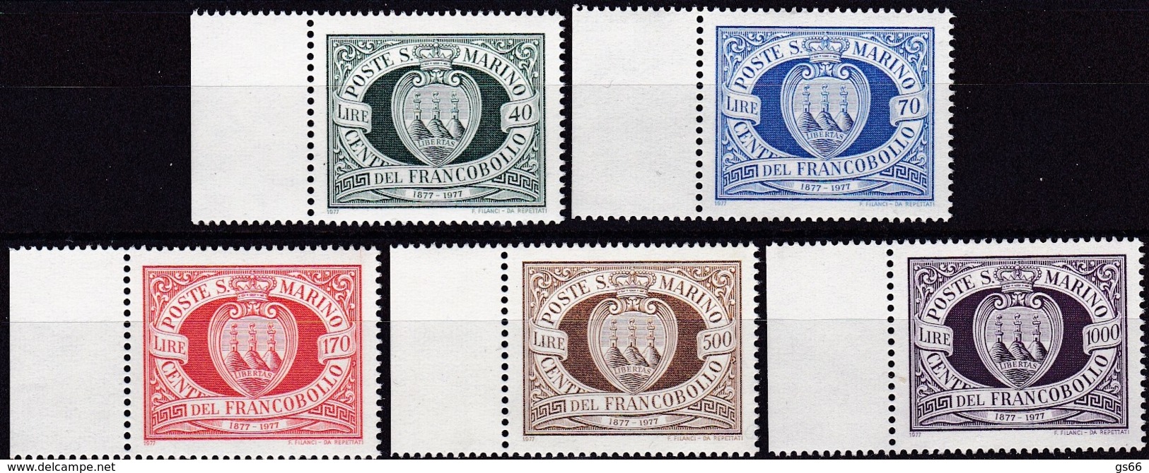 1977, San Marino, 1139/43,  MNH **,  100 Jahre Briefmarken Von San Marino - Ungebraucht