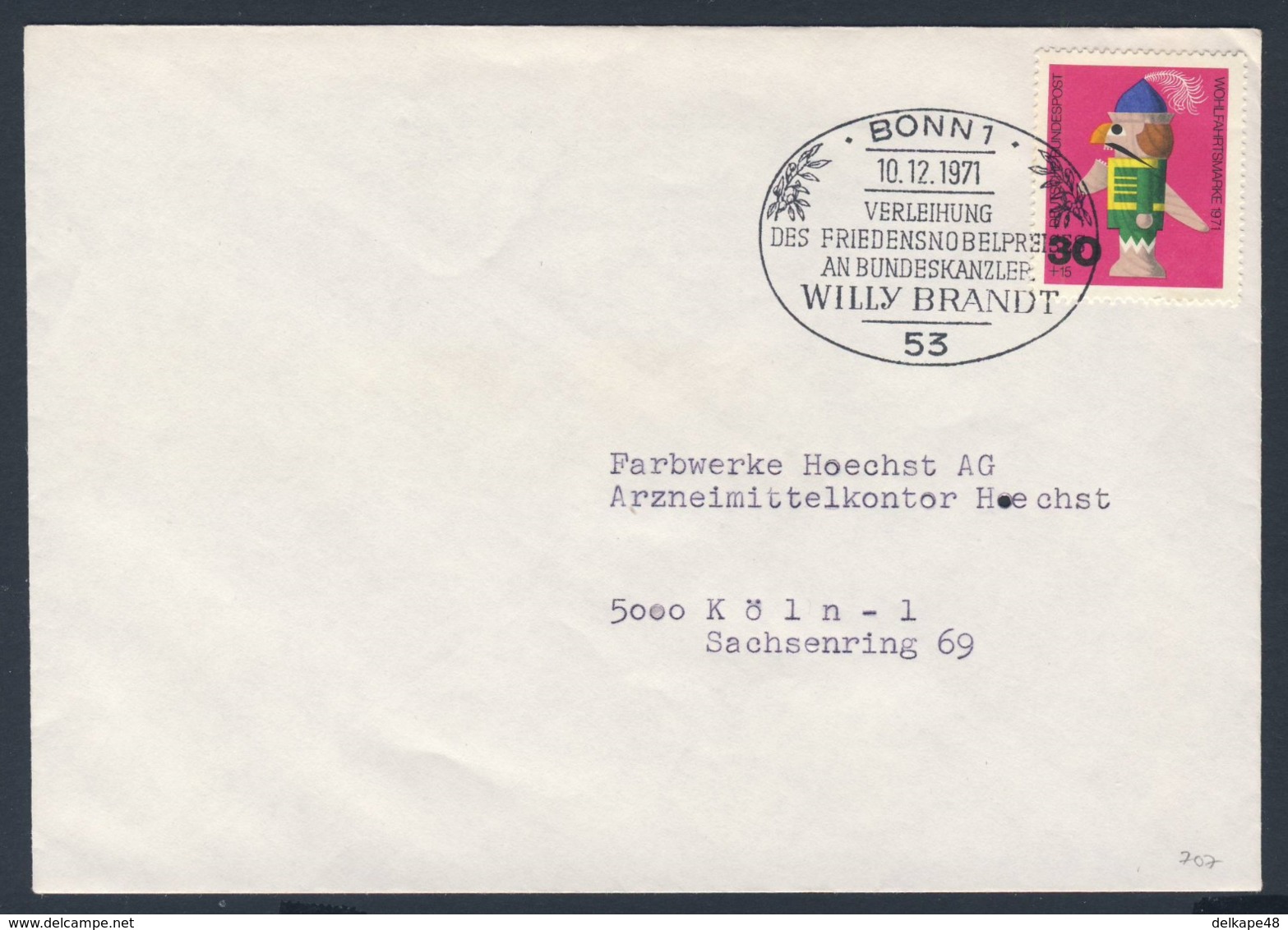 Deutschland Germany 1971 Cover / Brief / Enveloppe - Friedensnobelpreis Bundeskanzler Willy Brandt / Nobel Prize - Nobelprijs