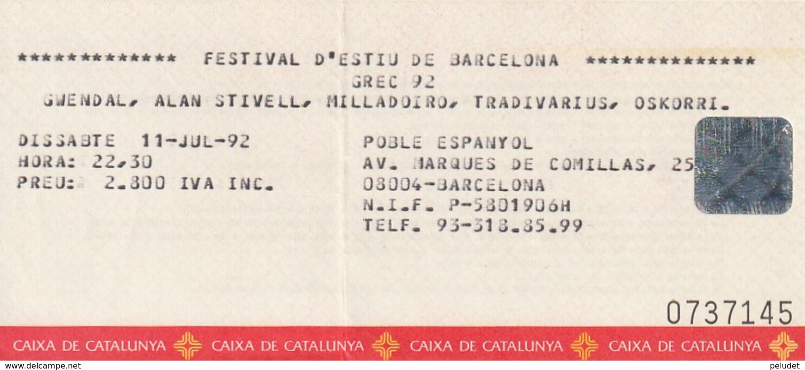 TICKET - ENTRADA / FESTIVAL D'ESTIU DE BARCELONA - GREC 92 - Eintrittskarten