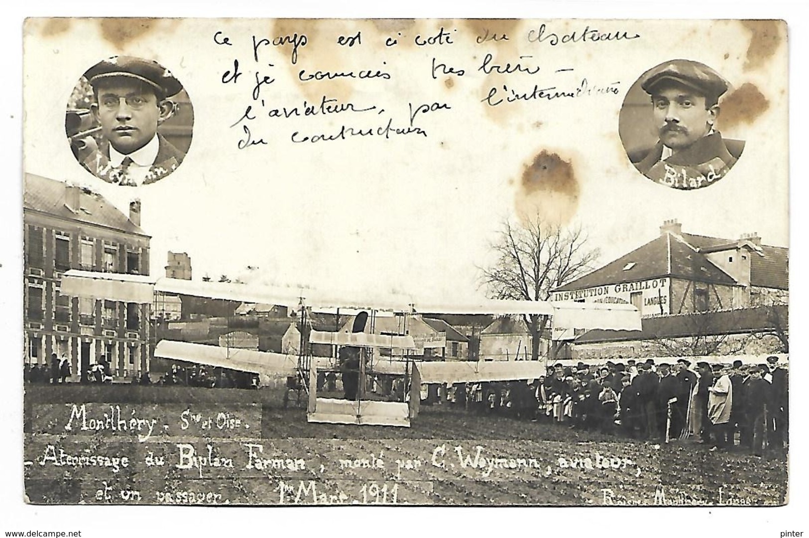 MONTLHERY - Atterrissage Du Biplan Farman Monté Par C. Weymann, Aviateur - 1er Mars 1911 - CARTE PHOTO - Montlhery