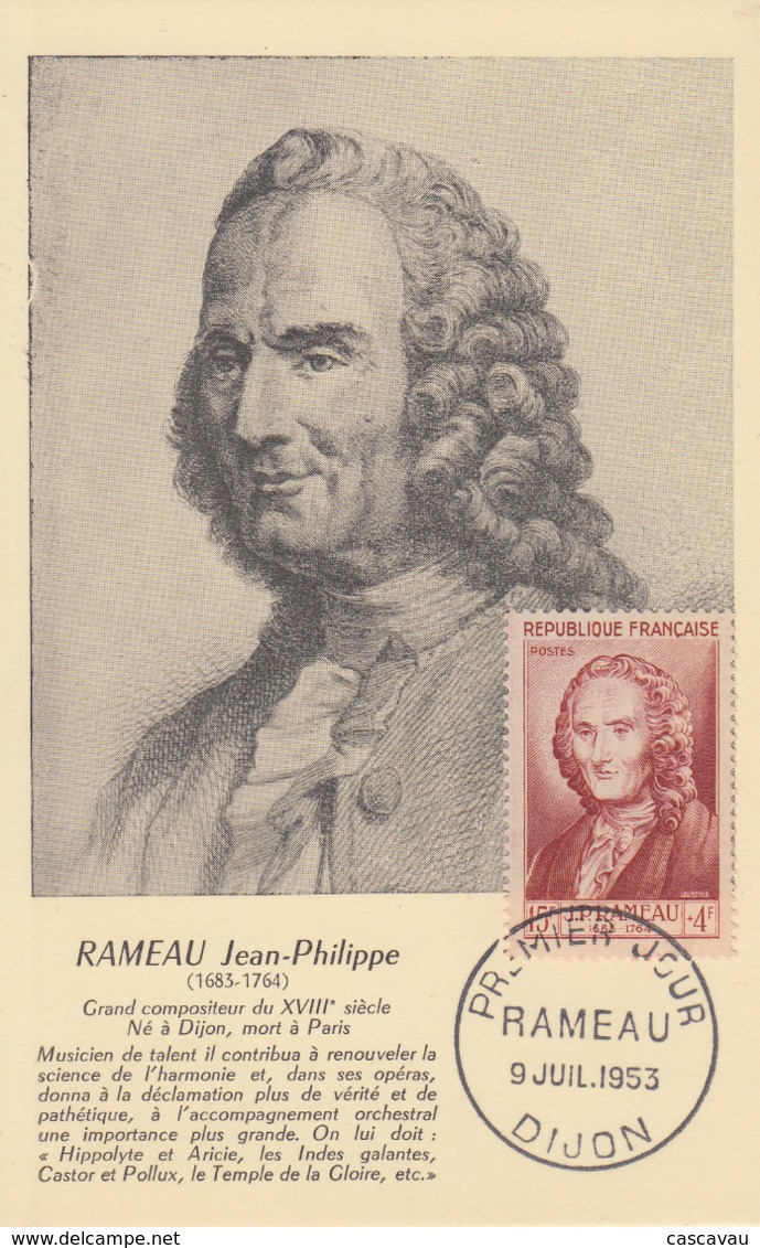 Carte  Maximum  1er  Jour   FRANCE   Jean  Philippe   RAMEAU     DIJON    1953 - 1950-1959