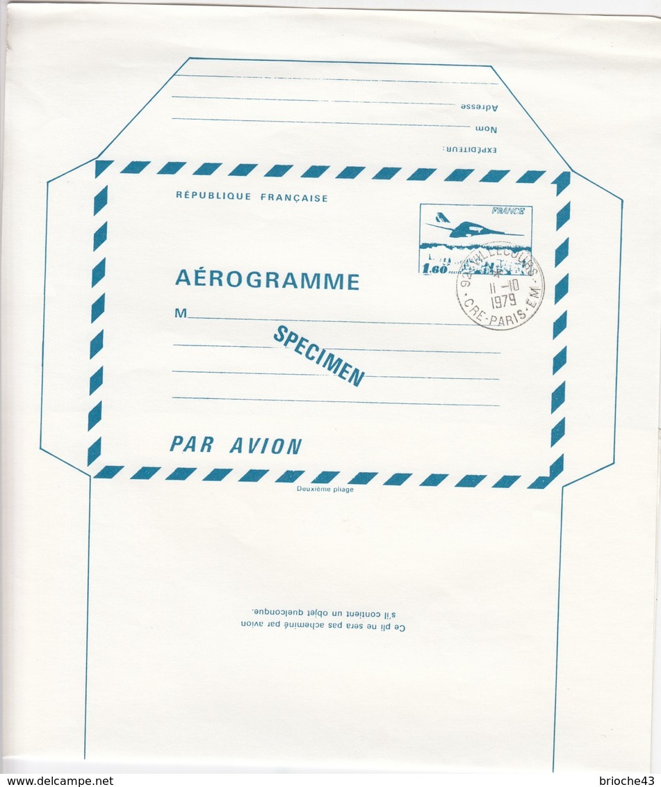 FRANCE - AEROGRAMME  SPECIMEN BLEU CONCORDE 1.60  - CACHET 92 VILLECOURS - CRE -PARIS -EM 11.10.1979  / TBS - Aerogramas