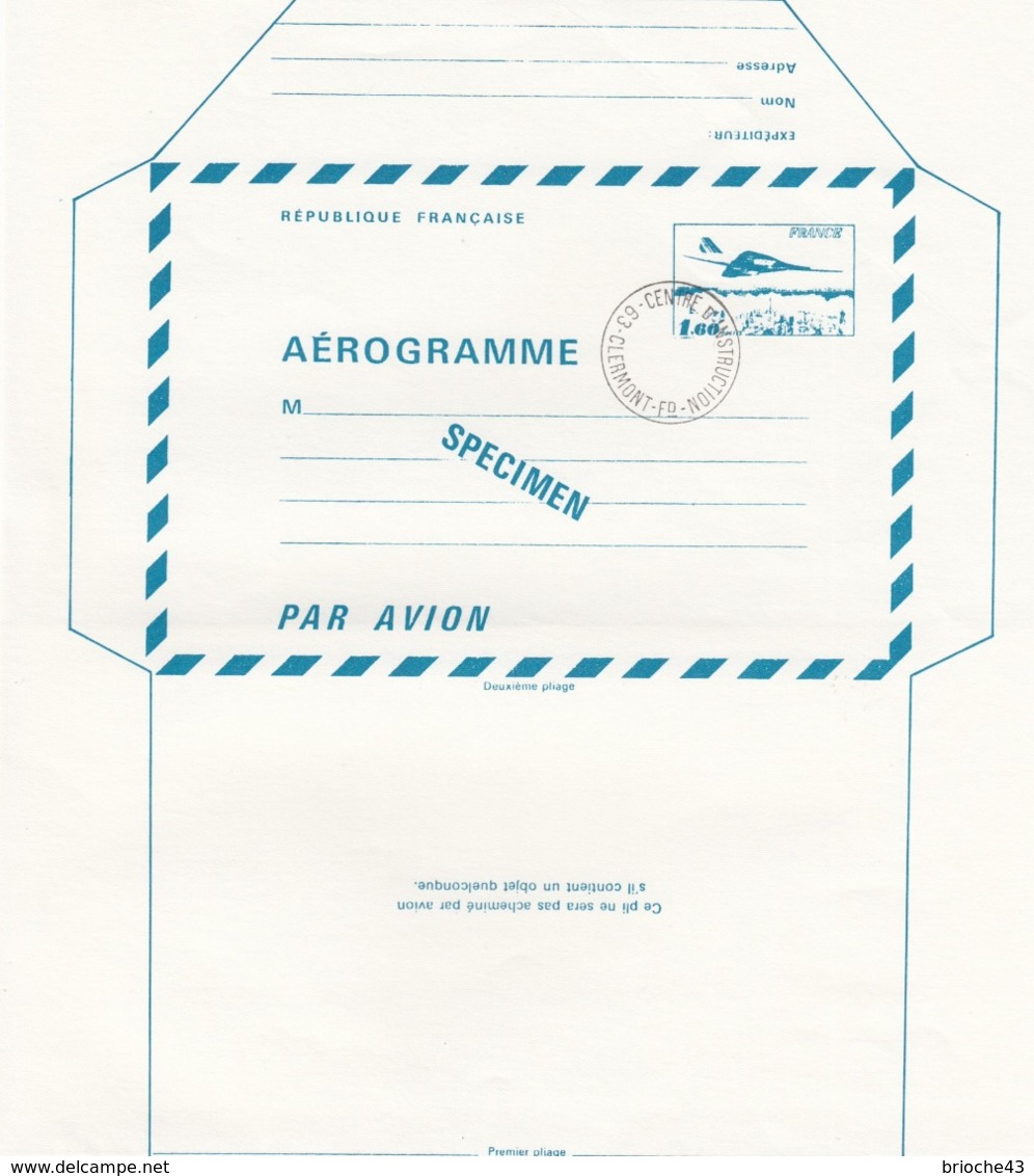 FRANCE - AEROGRAMME  SPECIMEN BLEU CONCORDE 1.60 POUR LE CENTRE D'INSTRUCTION DE LA POSTE - CLERMONT FD 63 / TBS - Aerogrammi