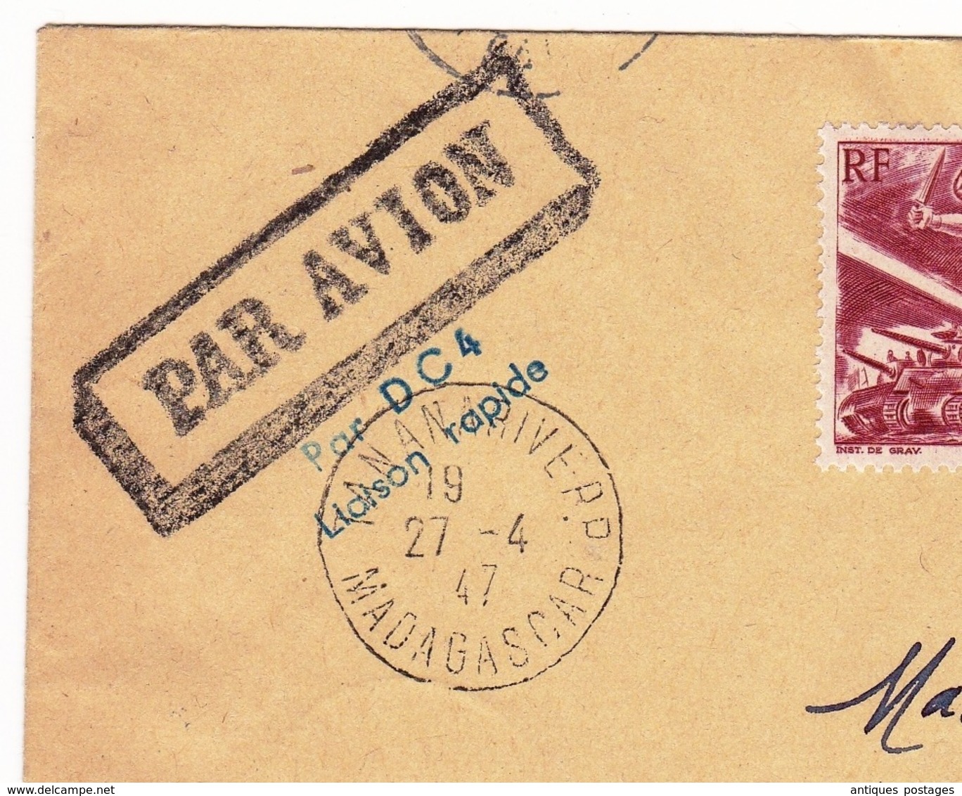 Lettre 1947 Madagascar Poste Aérienne Antananarivo Tananarive Paris Aviation Liaison Rapide Par DC4 - Airmail