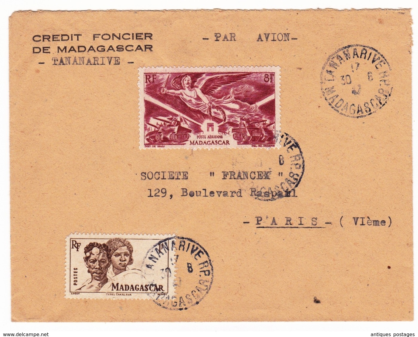 Lettre 1947 Madagascar Poste Aérienne Antananarivo Tananarive Crédit Foncier Banque Bank - Poste Aérienne