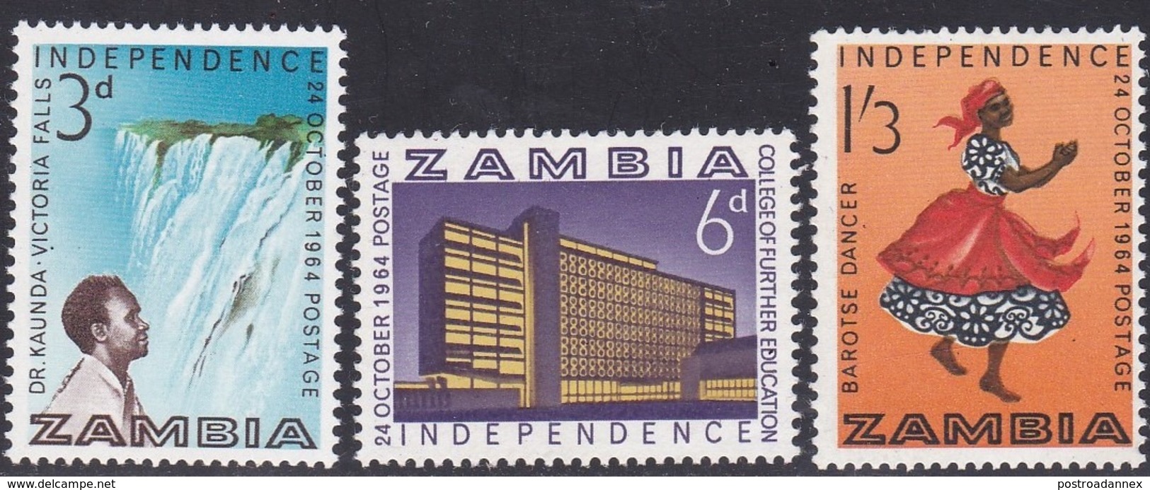 Zambia, Scott #1-3, Mint Hinged, Zambia's Independence, Issued 1964 - Zambia (1965-...)