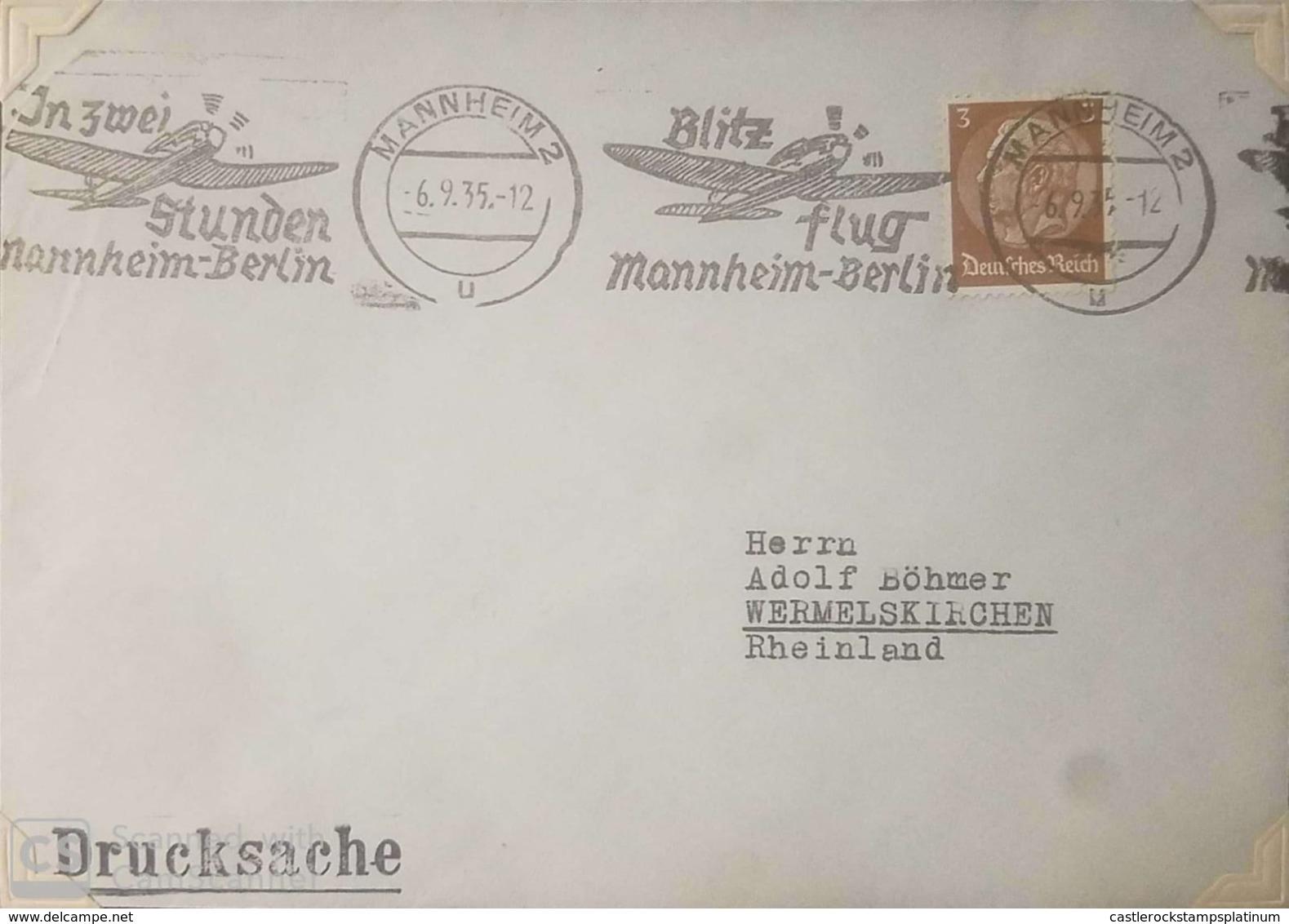 O) 1935 GERMANY, PRES. VON HINDENBURG -BLITZ FLUG MANNHEIM BERLIN -  DRUCKSACHE, TO RHEINLAND, XF - Other & Unclassified