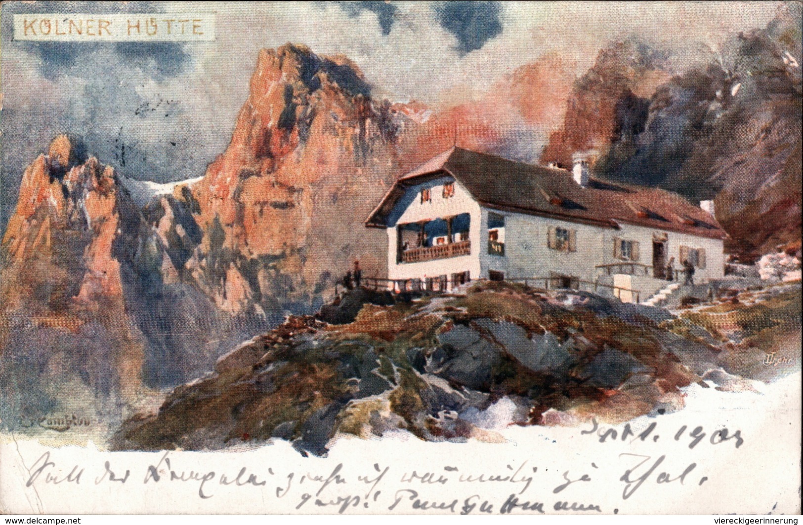 ! Künstler Ansichtskarte Sign. E.T. Compton, Kölner Hütte, 1903, Südtirol, Rifugio Fronza Alle Coronelle, Dolomiten - Compton, E.T.