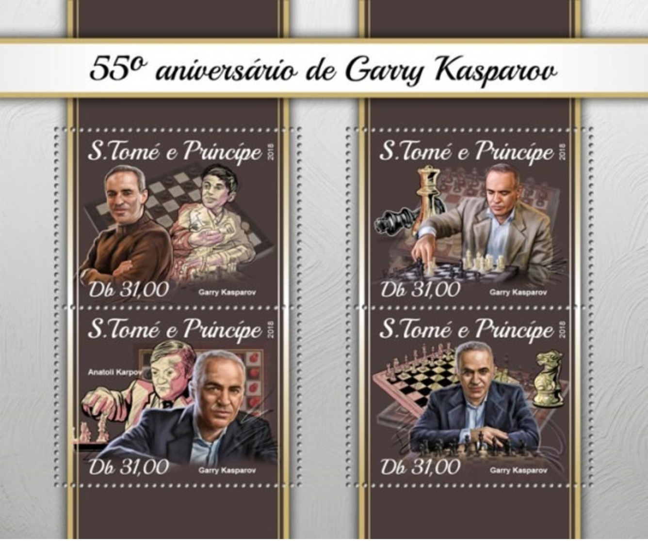 SAO TOME - 2018 - Chess, Garry Kasparov - Perf 4v Sheet - M N H - Sao Tomé Y Príncipe