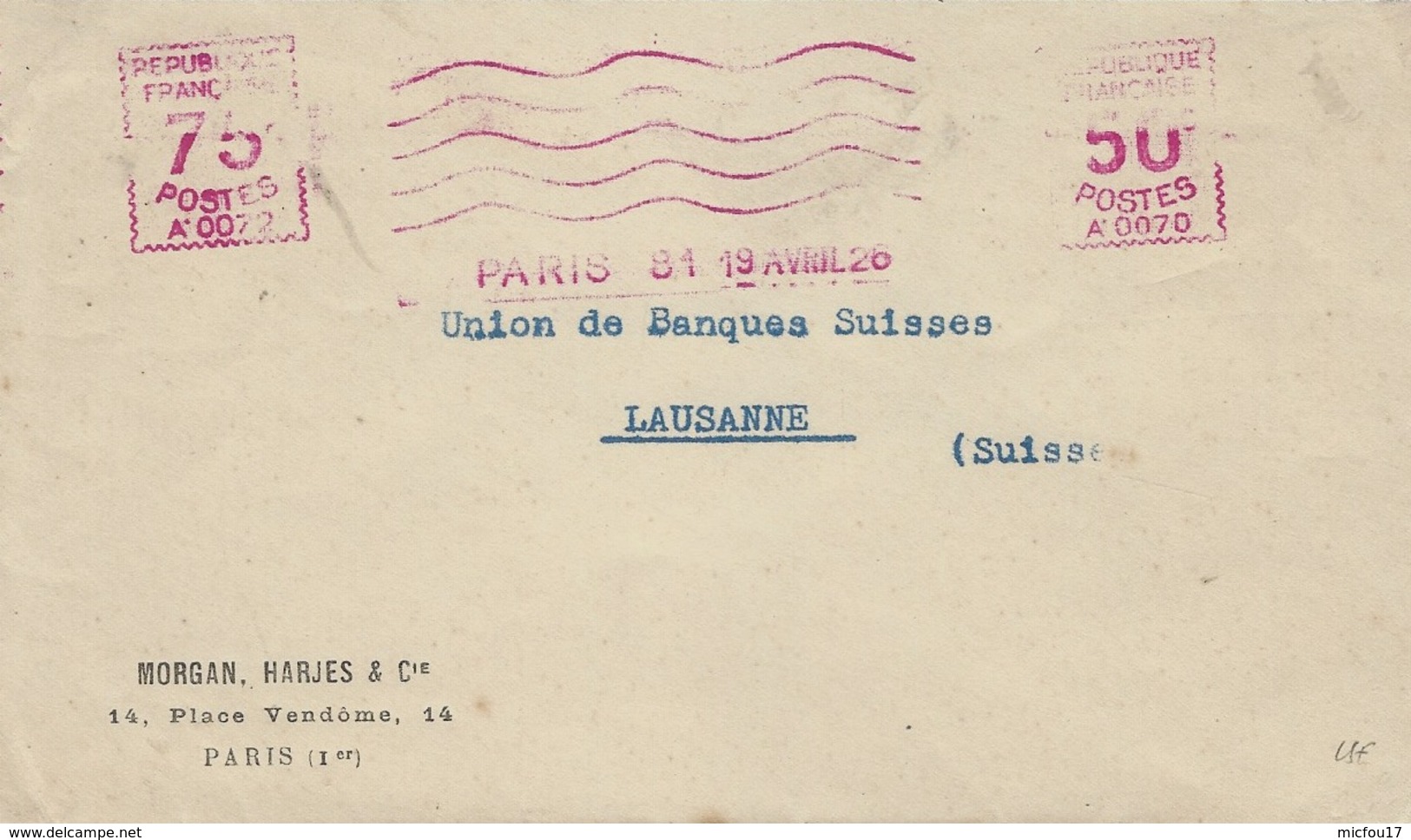 19-4-1926- Enveloppe Avec Empreinte Machine A 0070 à 50 C + A 0072 à 75 C   Pour Lausanne ( Tarif Du 1 / 2 Au 1/8 ) - EMA (Empreintes Machines à Affranchir)