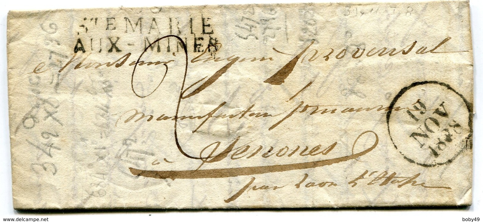 HAUT RHIN De SAINTE MARIE AUX MINES LAC Du 19/11/1828 Linéaire 39x16 + Dateur A + Taxe De 2 Pour SENONES - 1801-1848: Précurseurs XIX