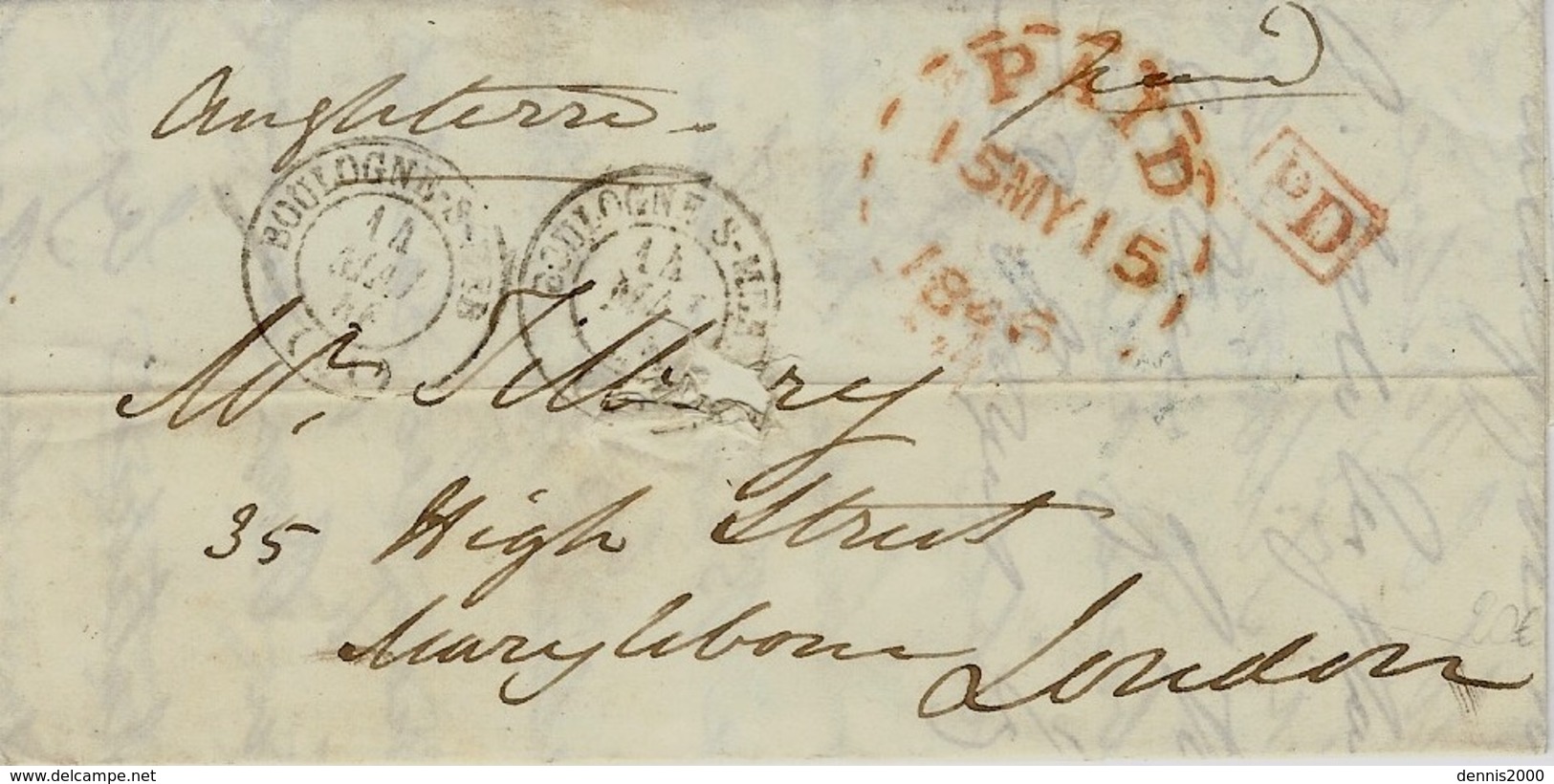 1846- Lettre De Boulogne-s-Mer ( Pas De Calais ) Pour Londres - Cad T15 + PD + Cad PAID  ( Cercle Tireté Rouge ) - 1801-1848: Précurseurs XIX
