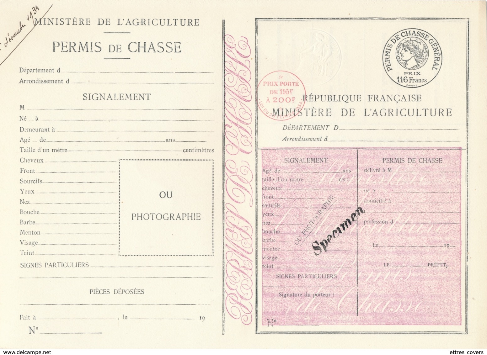 1934 PERMIS DE CHASSE DEPARTEMENTAL NON PLIÉ - SPECIMEN  - " PRIX PORTÉ DE 116FA 200F+ DAUSSY PRIX 116F - Documenti Storici
