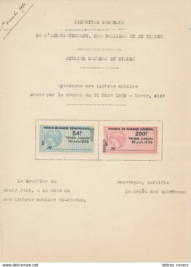 Timbres " PERMIS DE CHASSE GENERAL " EPREUVE 54f Et 200f 1935 Sur Feuillet Atelier Général Du Timbre - Spécimen - Autres & Non Classés