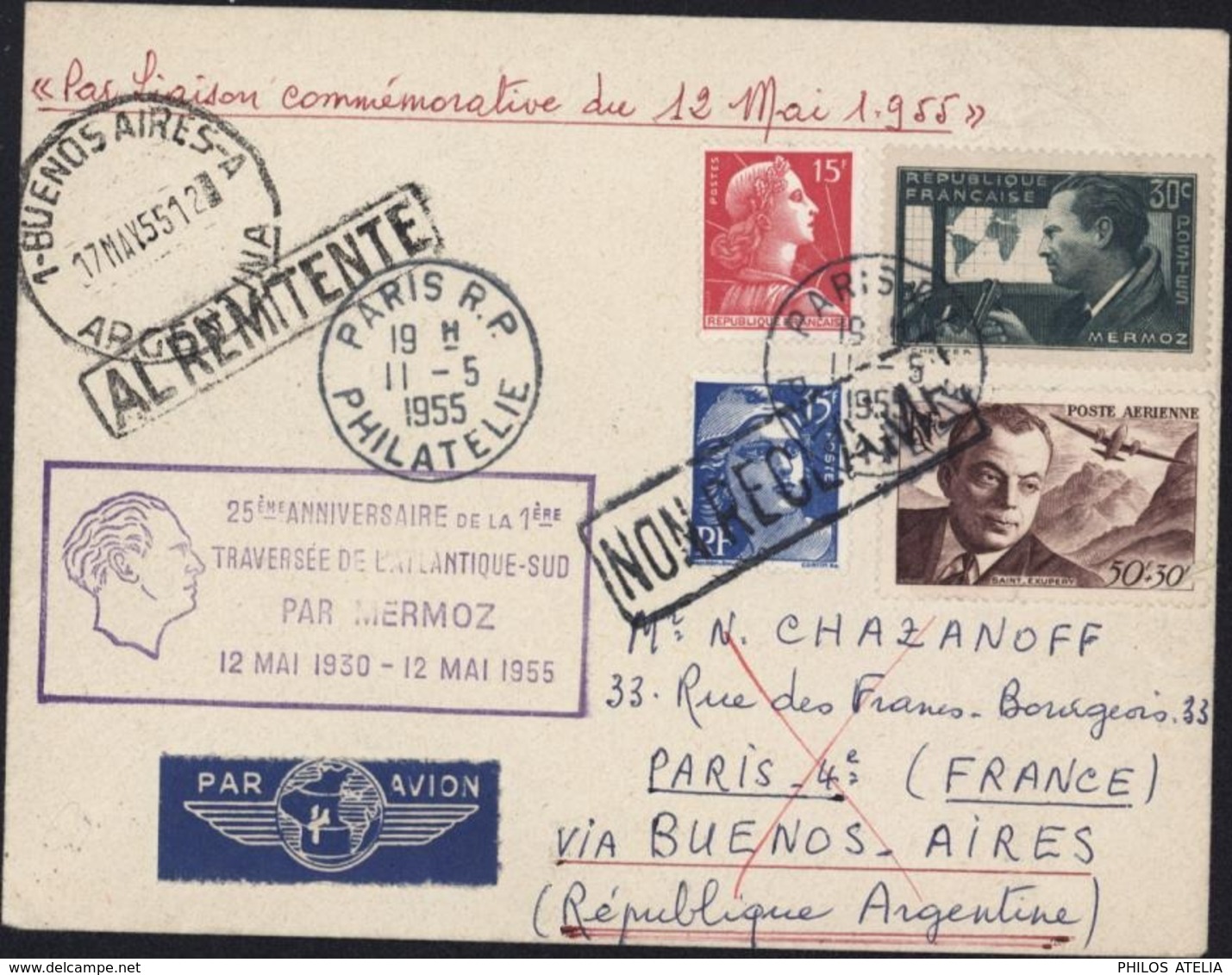 25e Anniversaire 1ère Traversée Atlantique Par Mermoz 12 5 55 Liaison Commémorative Par Avion Pr Buenos Aires - 1960-.... Lettres & Documents