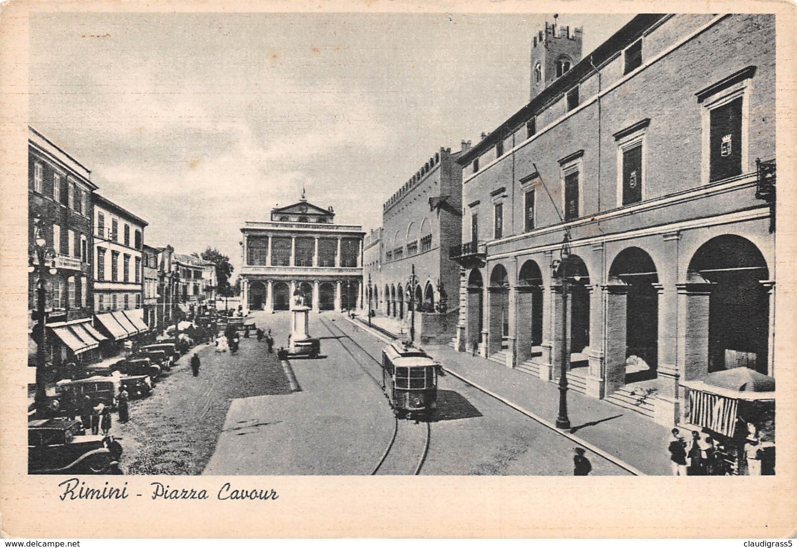 0751 "RIMINI - PIAZZA CAVOUR" ANIMATA, AUTO E TRAMWAY ANNI '30. CART. ILL. ORIG. NON SPED. - Rimini