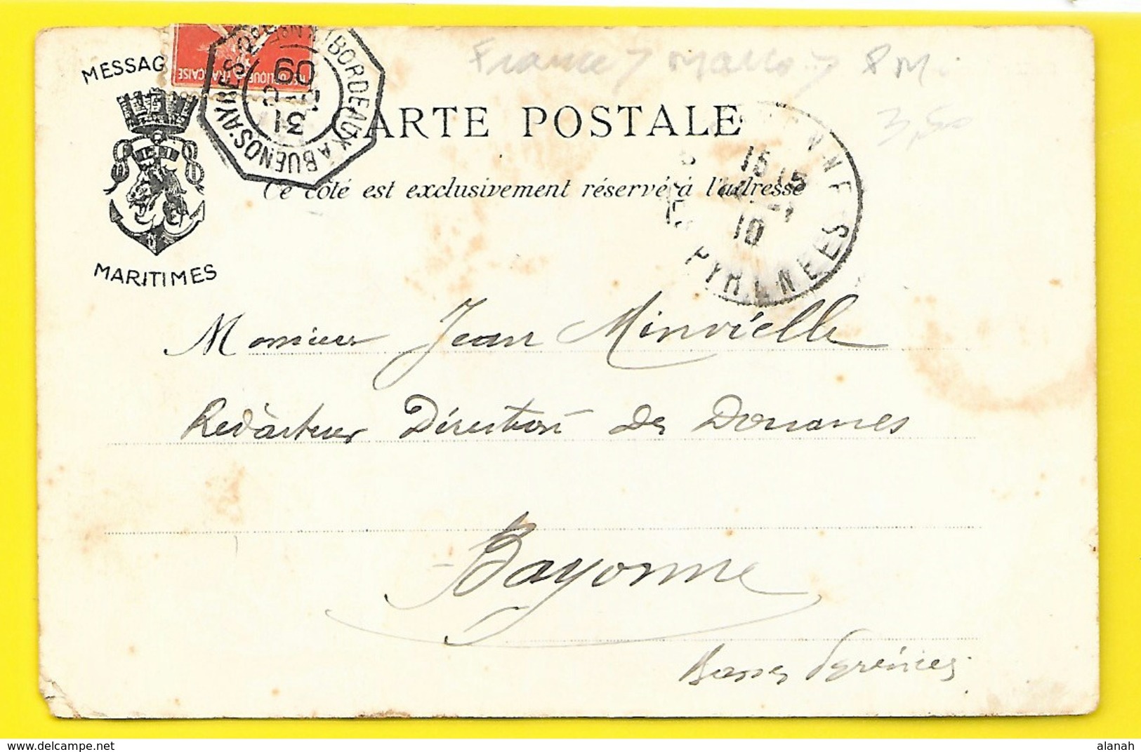 Cachet BUENOS AIRES BORDEAUX 1909 Sur L'AMAZONE - Poste Maritime