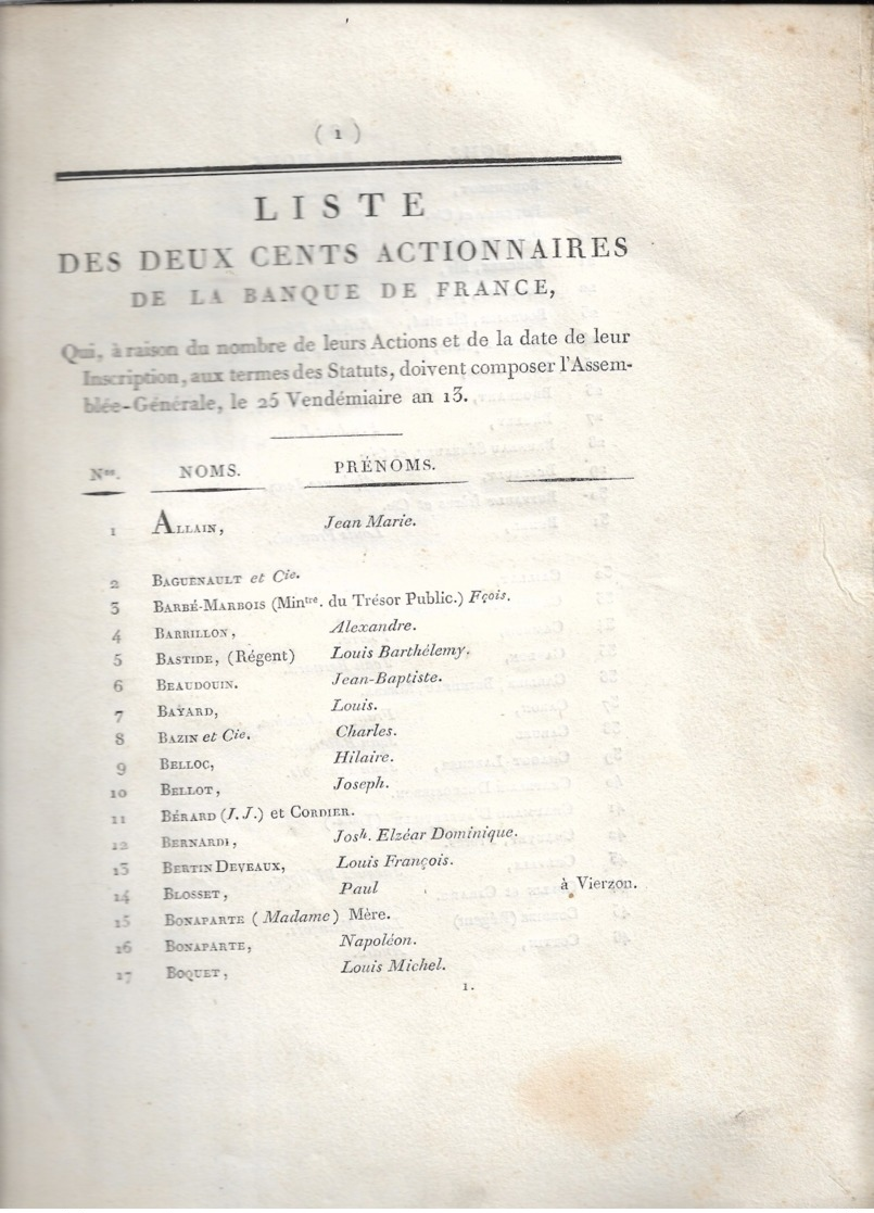 Bonaparte, Banque De France An 13 - Documents Historiques