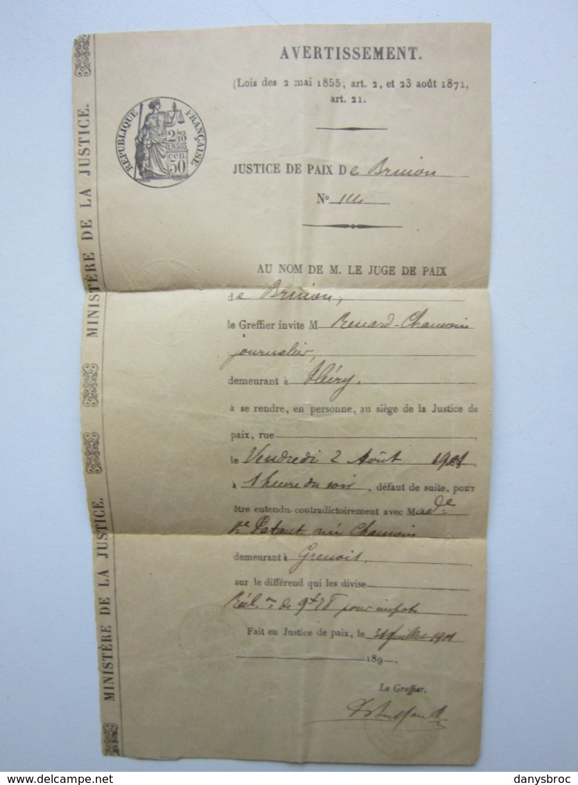 31/07/1901 Lettre Enveloppe AVERTISSEMENT JUSTICE DE PAIX De BRINON (58) Obitéré CORBIGNY, NEVERS 58) Timbre Mouchon 15c - 1877-1920: Periodo Semi Moderno