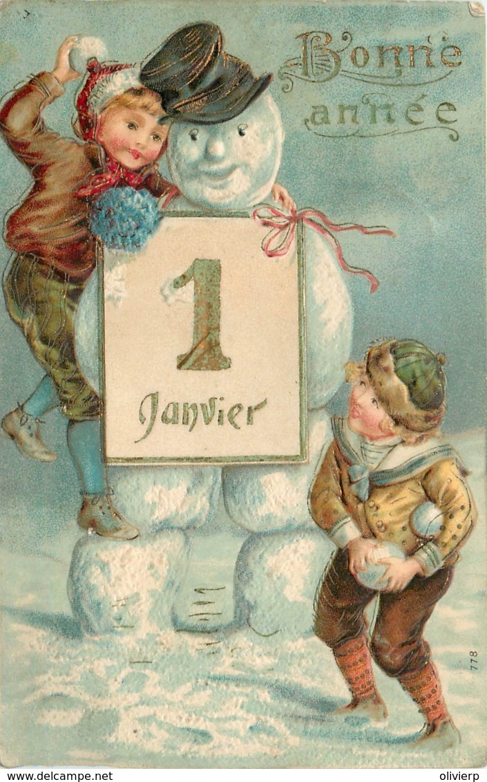 Fantaisie - 2 C.P.A. Gauffrées - Embossed Cards - Bonhommes De Neige - Enfants - Altri & Non Classificati