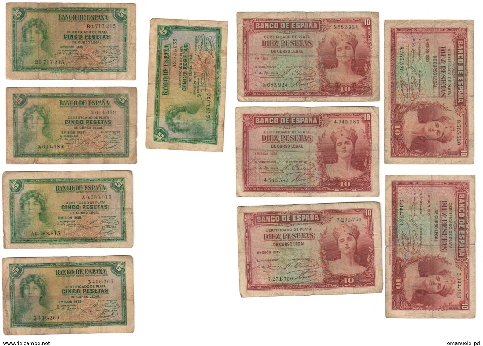 Spain Lot 10 Banknotes 5 & 10 Pesetas 1935 - Colecciones