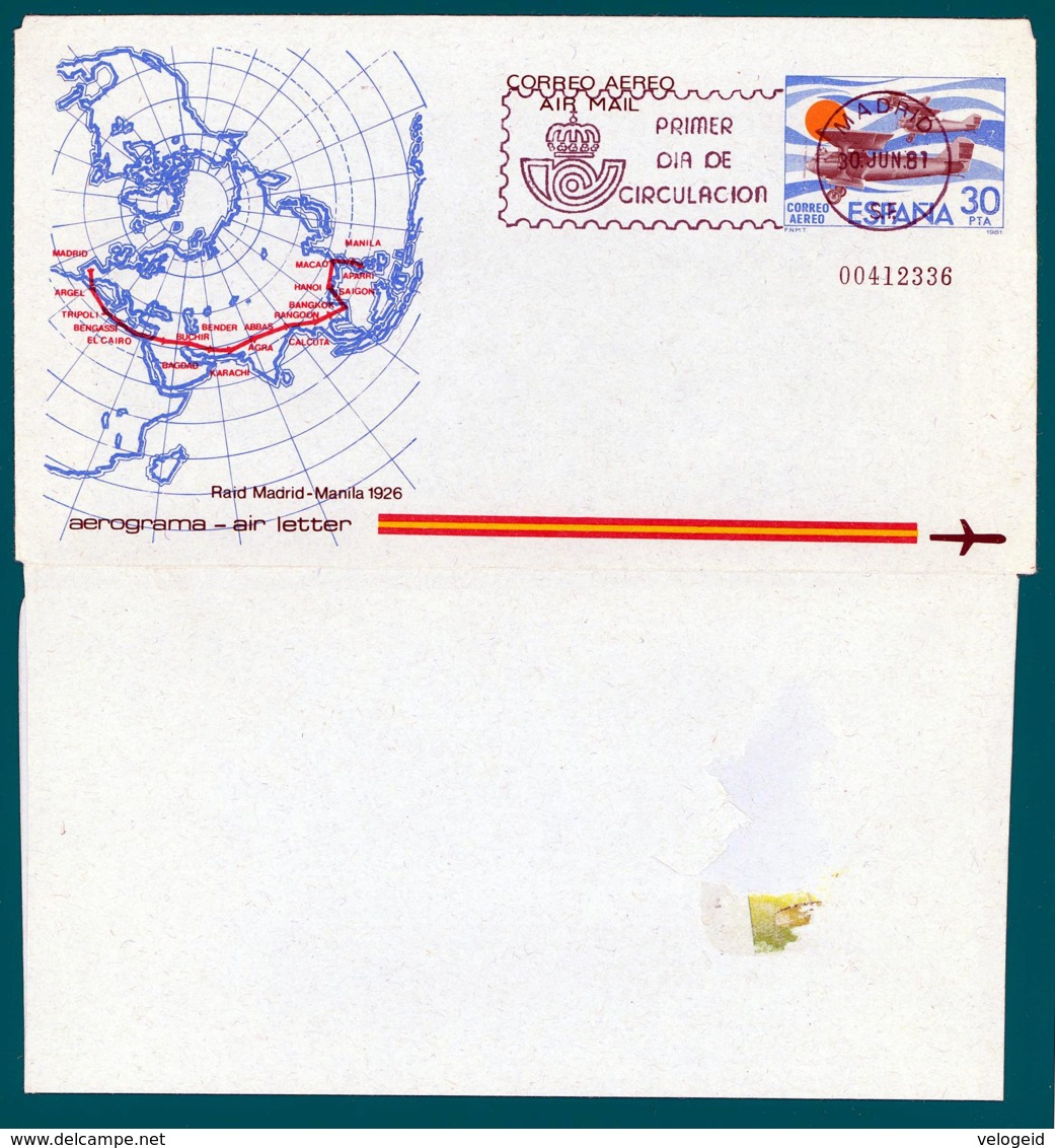 España. Spain. 1981. Aerograma. Air Letter. Raid Madrid - Manila (1926) - Ongebruikt