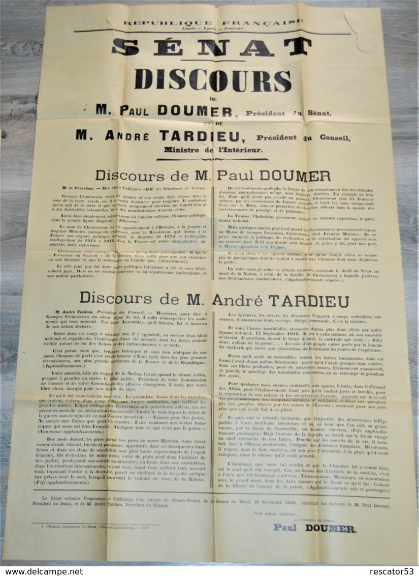 Rare Affiche 120 X 60 Cm Discours Du Sénat Doumer-Tardieu 1929 - Affiches