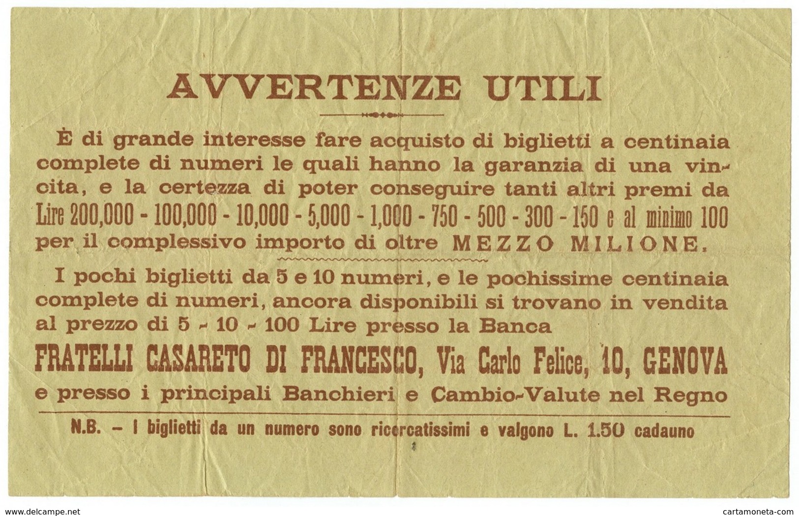 LIRE BIGLIETTO LOTTERIA NAZIONALE DI PALERMO 24/03/1891 MB/BB - Biglietti Della Lotteria