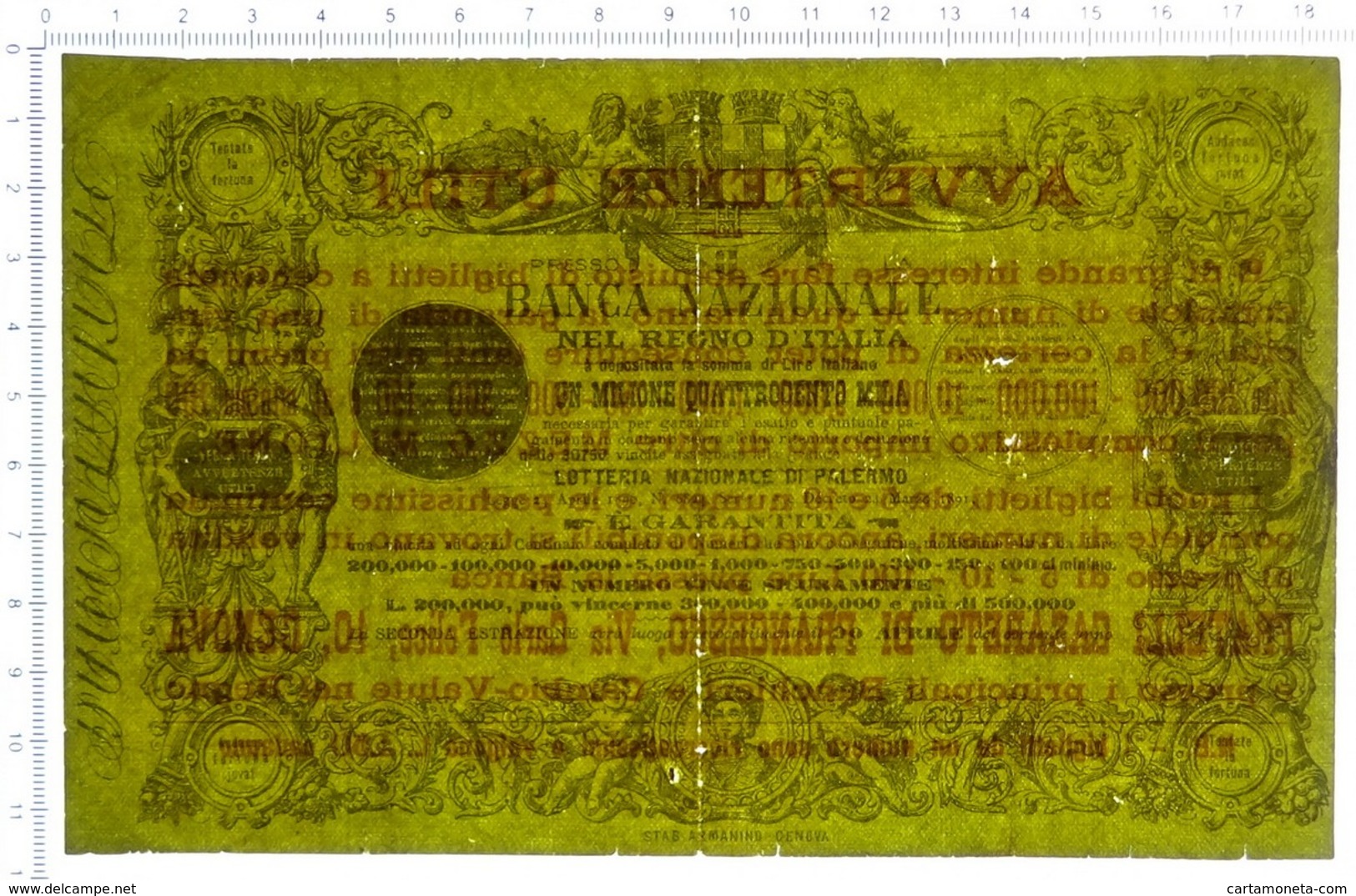 LIRE BIGLIETTO LOTTERIA NAZIONALE DI PALERMO 24/03/1891 MB/BB - Biglietti Della Lotteria