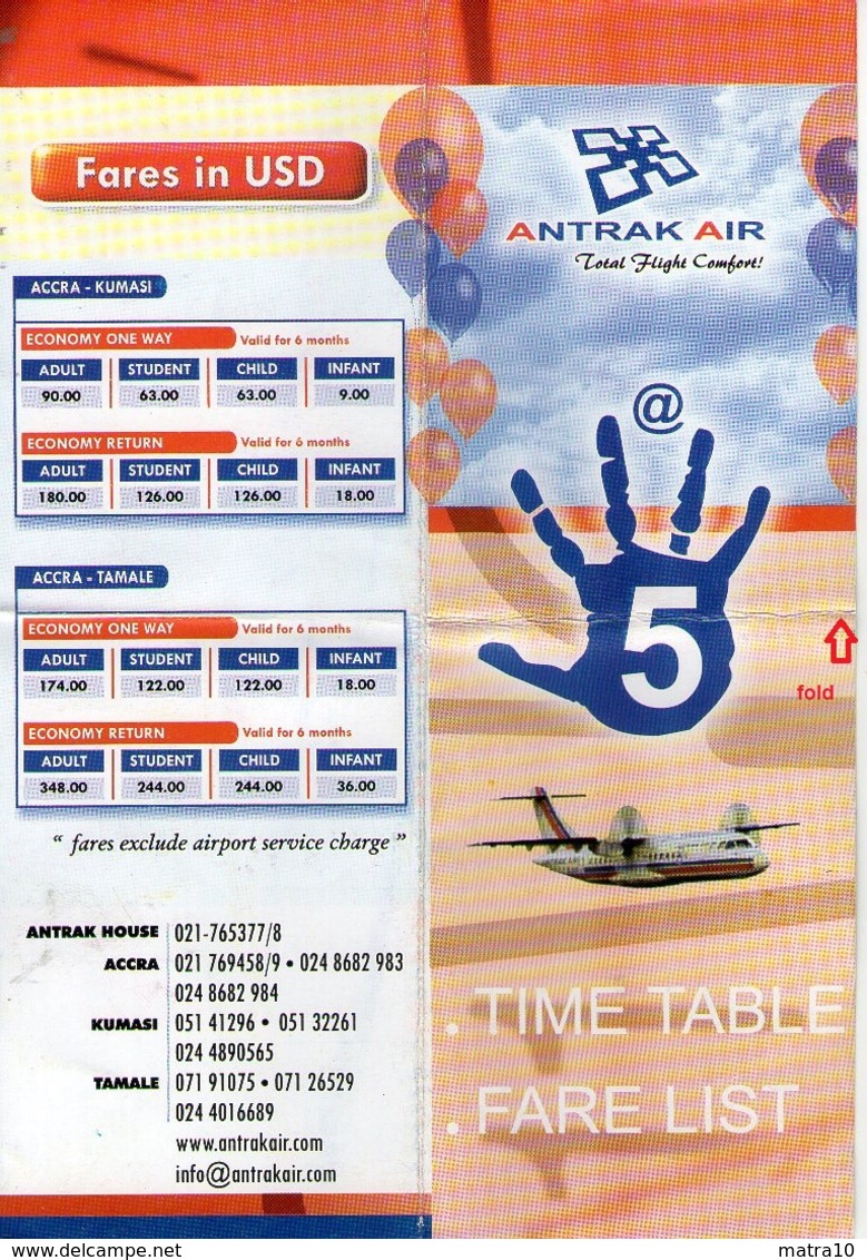 ANTRAK AIR GHANA HORAIRE TIME TABLE PRIX FARE LIST VOLS DOMESTIQUES DOMESTIC FLIGHTS 2004 ACCRA TAMALE KUMASI - Timetables