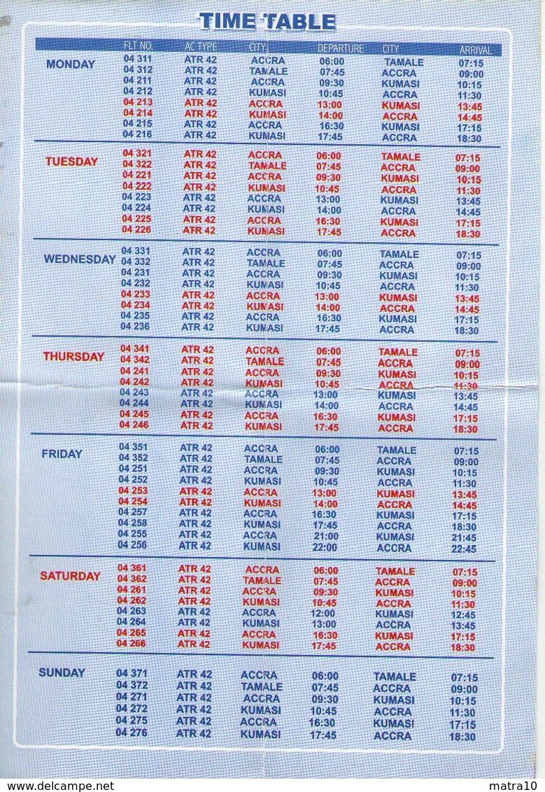 ANTRAK AIR GHANA HORAIRE TIME TABLE PRIX FARE LIST VOLS DOMESTIQUES DOMESTIC FLIGHTS 2004 ACCRA TAMALE KUMASI - Timetables