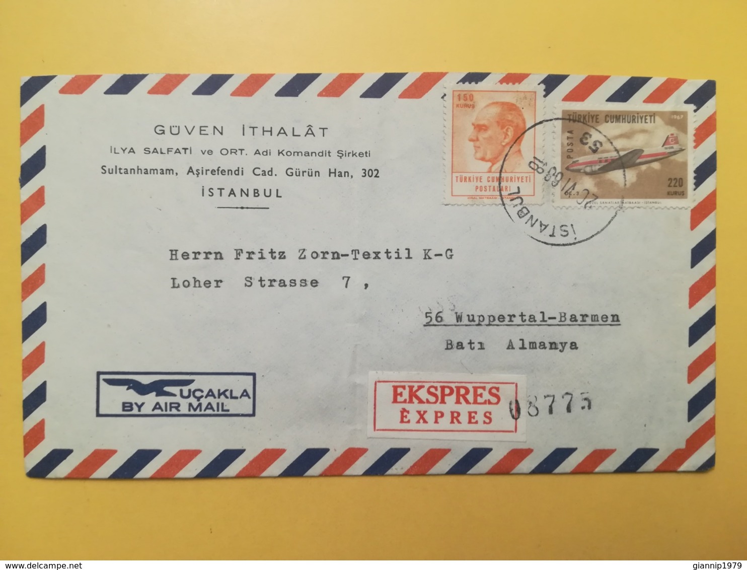 1968 BUSTA INTESTATA TURCHIA TURKIYE TURKEY BOLLO AIRMAIL AIRCRAFT OBLITERE ANNULLO ISTAMBUL AIRMAIL EXPRES - Covers & Documents