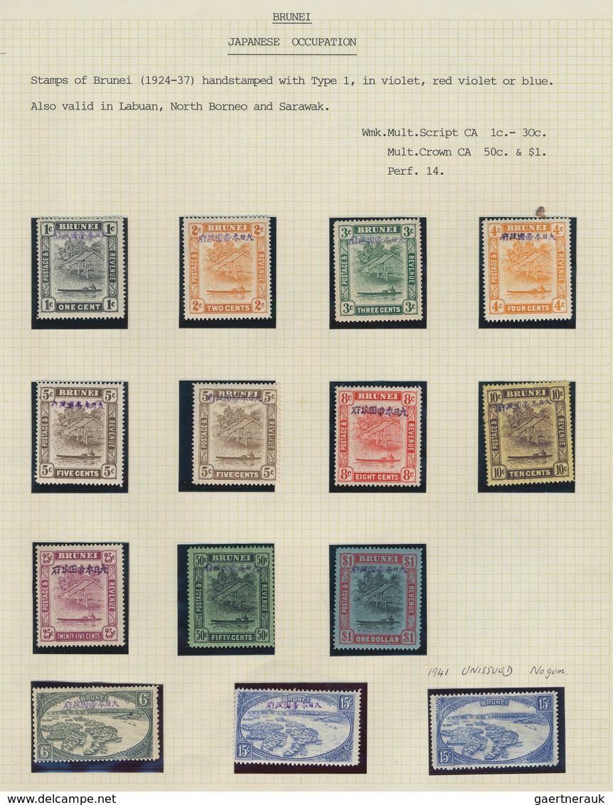 Brunei: 1942/1944, Japanese Occupation 1c.-$1, Mint And Used Assortment Of 52 Stamps (incl. Block Of - Brunei (1984-...)