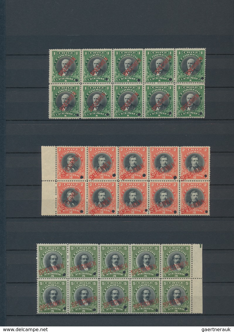 Chile: 1911, ABN Specimen Proofs, Definitives 1c.-5p., Short Set Of 21 Stamps In Blocks Of Ten (=210 - Chile