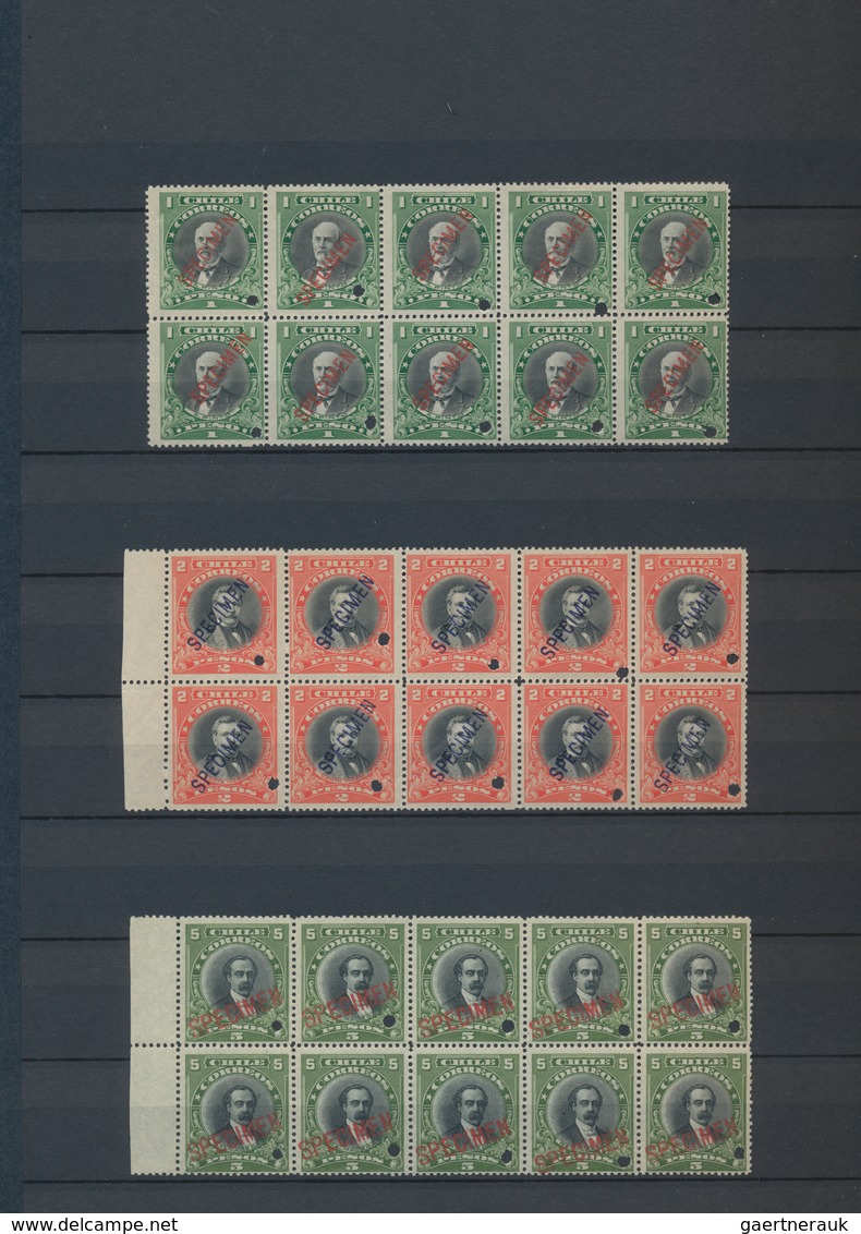 Chile: 1911, ABN Specimen Proofs, Definitives 1c.-5p., Short Set Of 21 Stamps In Blocks Of Ten (=210 - Chili