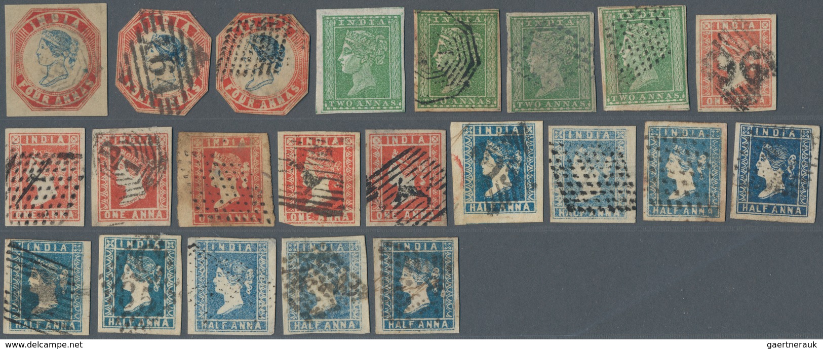 Indien: 1854/1855, Mainly Used Lot Of 22 Stamps Incl. Three Copies 4a. Blue/red, Slightly Varied But - 1854 Compagnie Des Indes