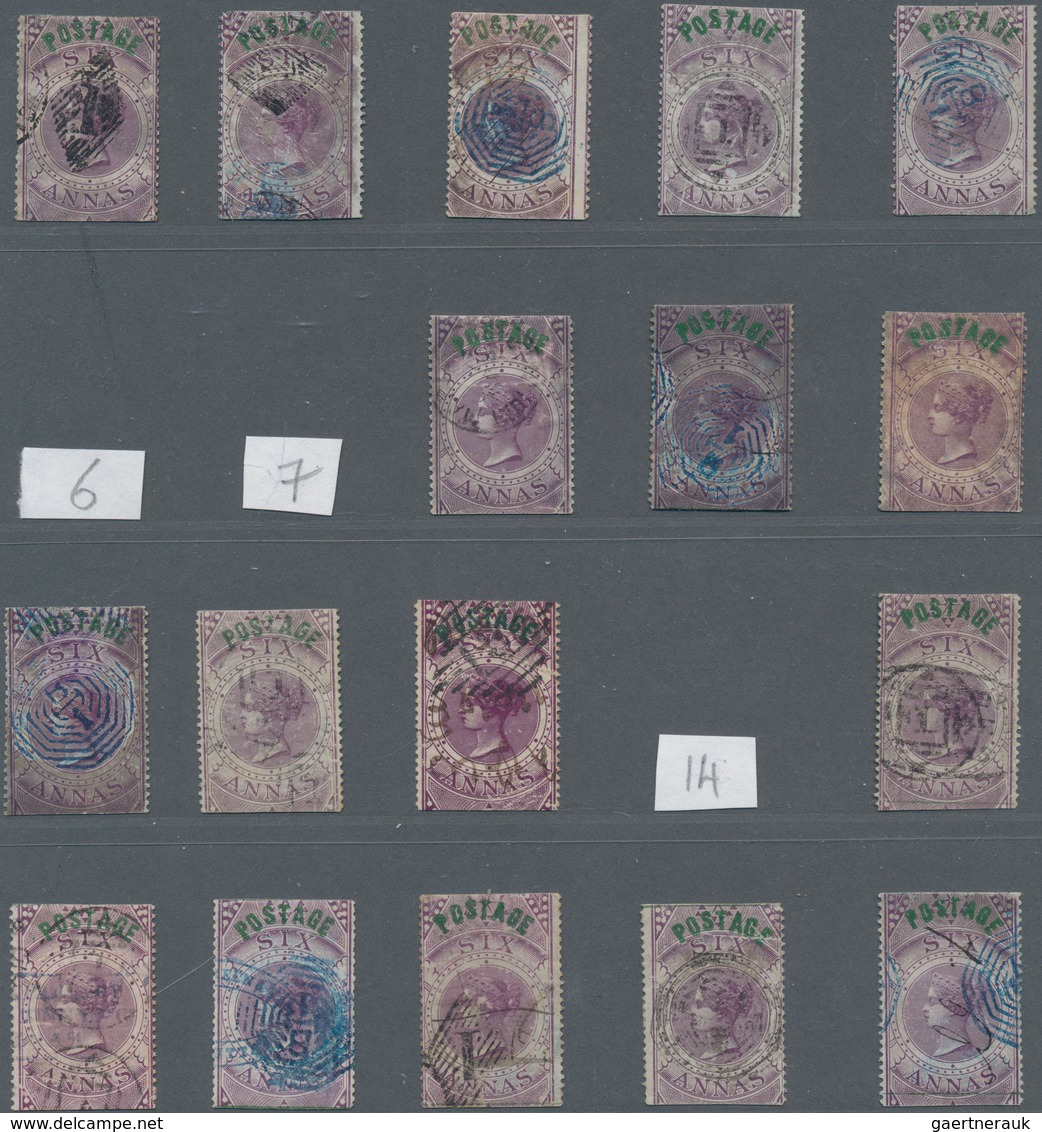 Indien: 1866 Provisional 6a. Violet Optd. "POSTAGE": Collection Of 17 Used Stamps With Different Typ - 1854 East India Company Administration