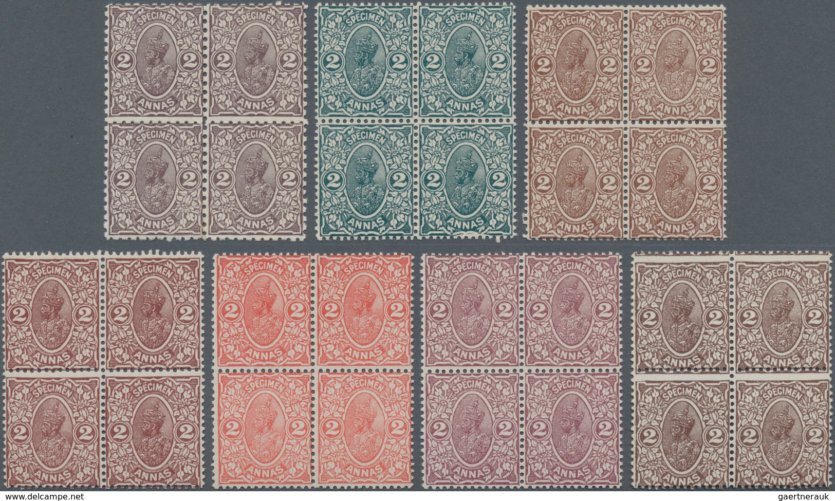 Indien: 1925 DELHI Specimen: Group Of Seven Blocks Of Four Denom. 2a., Each In Different Colour, Min - 1854 Compagnie Des Indes