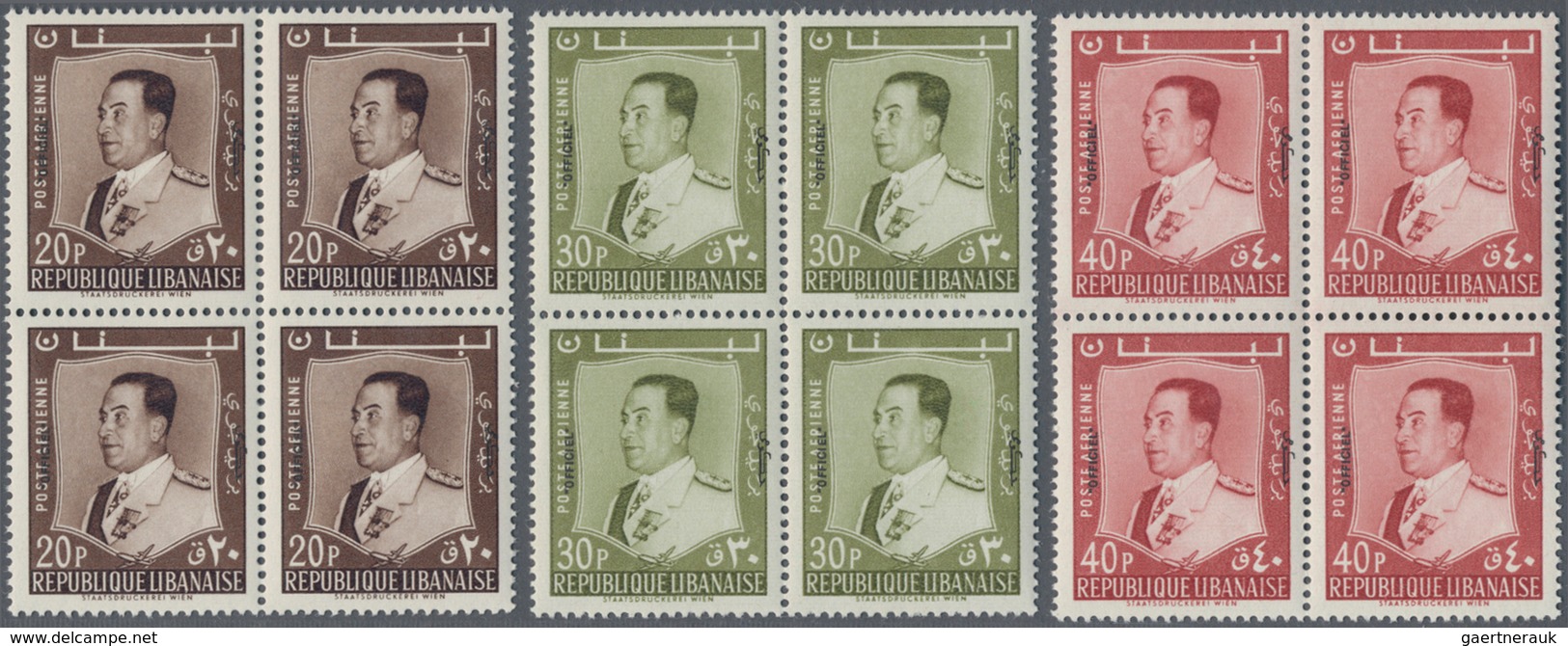 Libanon: 1960. Complete Set "President Fuad Chehab" (9 Values) In Blocks Of 4. Each Stamp Overprinte - Líbano