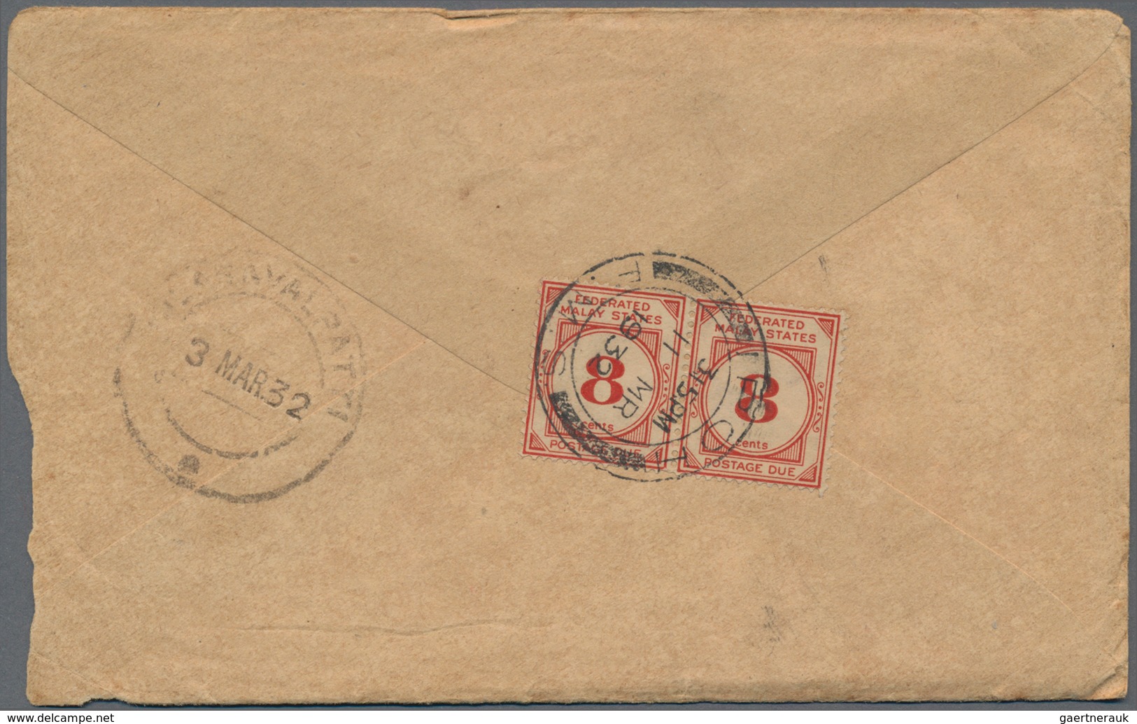 Malaiischer Staatenbund - Portomarken: 1924-26: Ten Fed. Malay States Postage Due Stamps On Five Cov - Federated Malay States